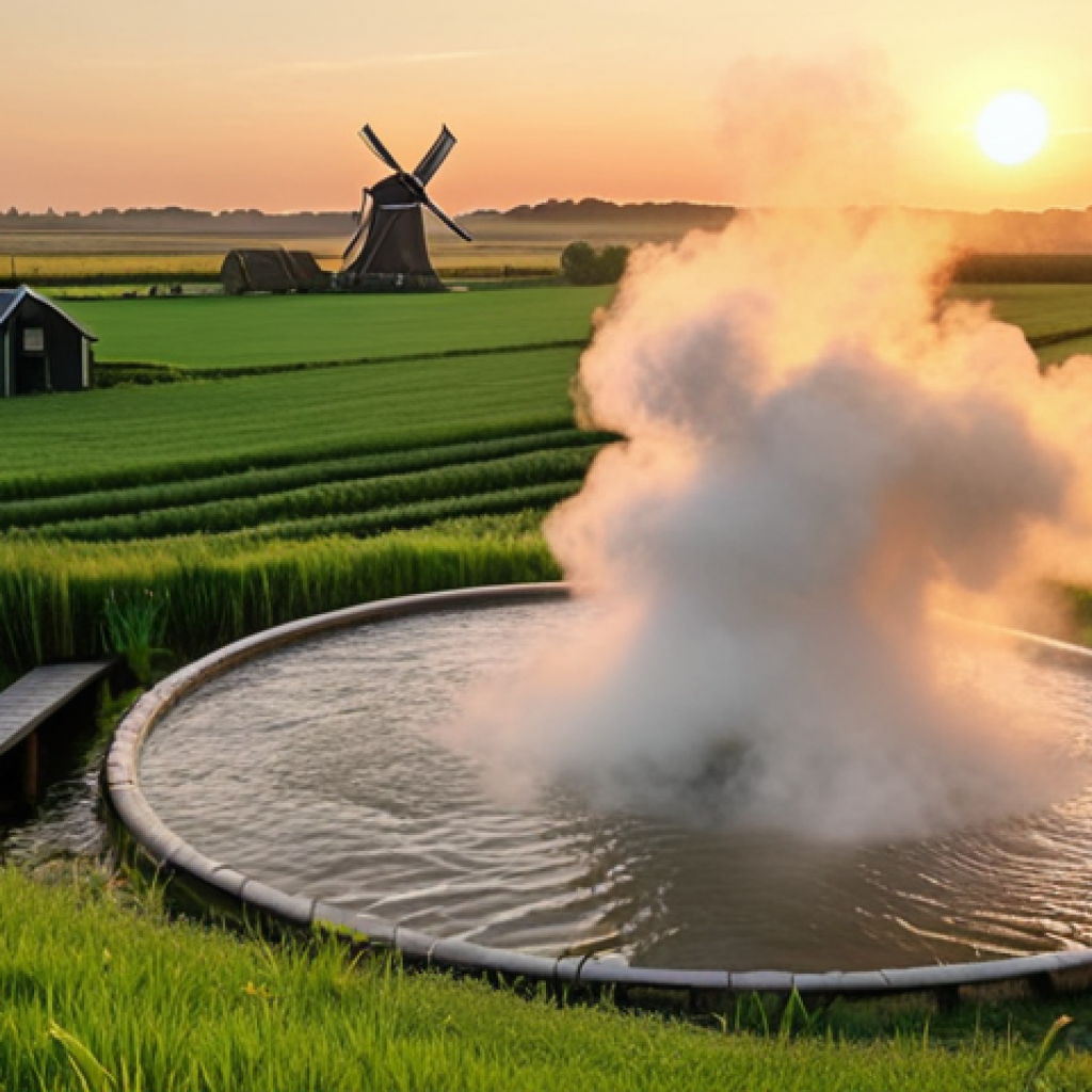 **A serene thermal bath in the Dutch countryside at sunset. Focus on the steam rising from the water, surrounded by lush green fields and a windmill in the distance.**