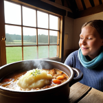 "After a deeply relaxing soak in a natural hot spring in the Netherlands, a person or small group, looking serene and content, is seated at a cozy, rustic table. A warm, traditional Dutch 'stoofpot' (stew) or 'stamppot' (mashed potato dish) is served, with steam gently rising, evoking comfort and hearty satisfaction. The atmosphere is warm, inviting, with soft, natural lighting, reflecting the transition from thermal bath relaxation to culinary delight. Emphasize authenticity and local charm, perhaps with elements of Limburg's landscape visible outside."