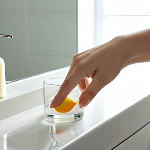 Home 22 A serene woman, fully clothed in a modest, soft loungewear set, gently applying a rich, natural body lotion to her arm in a clean, modern bathroom. A glass of water with a subtle hint of citrus is nearby on a counter. The atmosphere is calm and inviting, with soft, natural light filtering in. Perfect anatomy, correct proportions, natural pose, well-formed hands, proper finger count, natural body proportions. Professional photography, high quality, realistic, safe for work, appropriate content, modest, family-friendly.