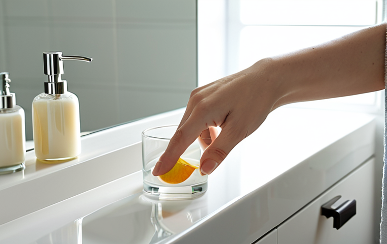 A serene woman, fully clothed in a modest, soft loungewear set, gently applying a rich, natural body lotion to her arm in a clean, modern bathroom. A glass of water with a subtle hint of citrus is nearby on a counter. The atmosphere is calm and inviting, with soft, natural light filtering in. Perfect anatomy, correct proportions, natural pose, well-formed hands, proper finger count, natural body proportions. Professional photography, high quality, realistic, safe for work, appropriate content, modest, family-friendly.