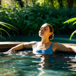 Relaxing Thermal Spa Experience**

A woman in a fully clothed, modest swimsuit relaxing in a warm water thermal spring. The scene features a beautiful, natural outdoor setting with lush greenery and sunlight filtering through the trees.  She is practicing mindfulness and focusing on her breath.  The overall tone is peaceful and serene. Safe for work, appropriate content, professional photography, perfect anatomy, natural proportions, family-friendly.

**
